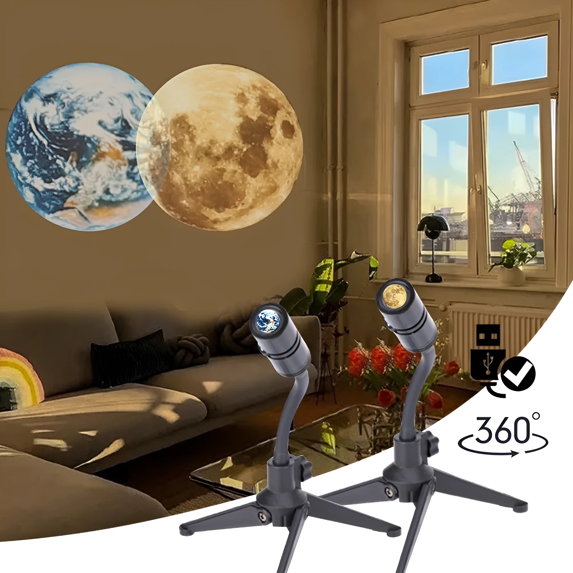 Earth and moon projection lamp with adjustable hose bracket on USB cable