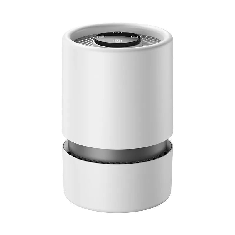 White USB desktop air purifier on a table with Type-C cable and aromatherapy tablets