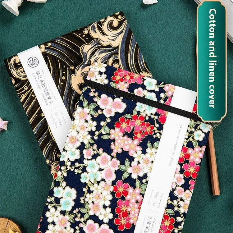 Feiluniao fabric watercolour sketchbook open showing a detailed hand-painted design on paper.