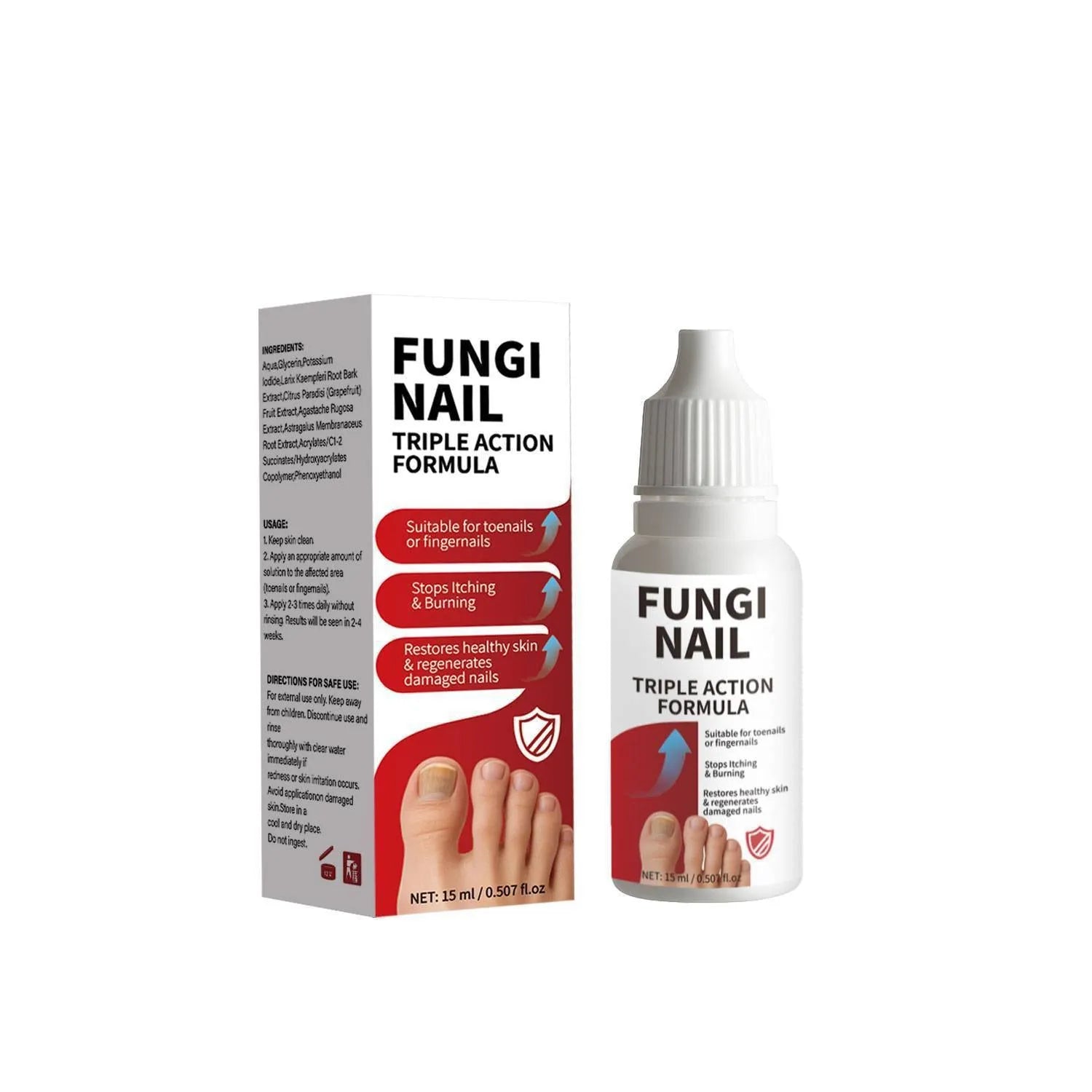 15ml bottle of clear anti-fungal nail repair liquid with a brush applicator.