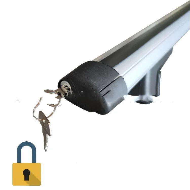 Alloy roof rack crossbars for a General Motors SUV, shown with adjustable length and mounting hardware.