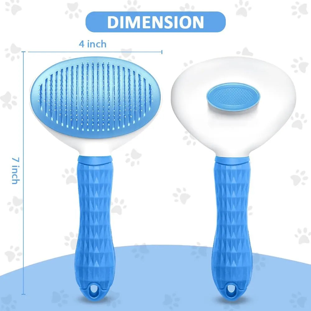 Cat grooming brush with release button in blue, grey, or pink colours with fine wire bristles