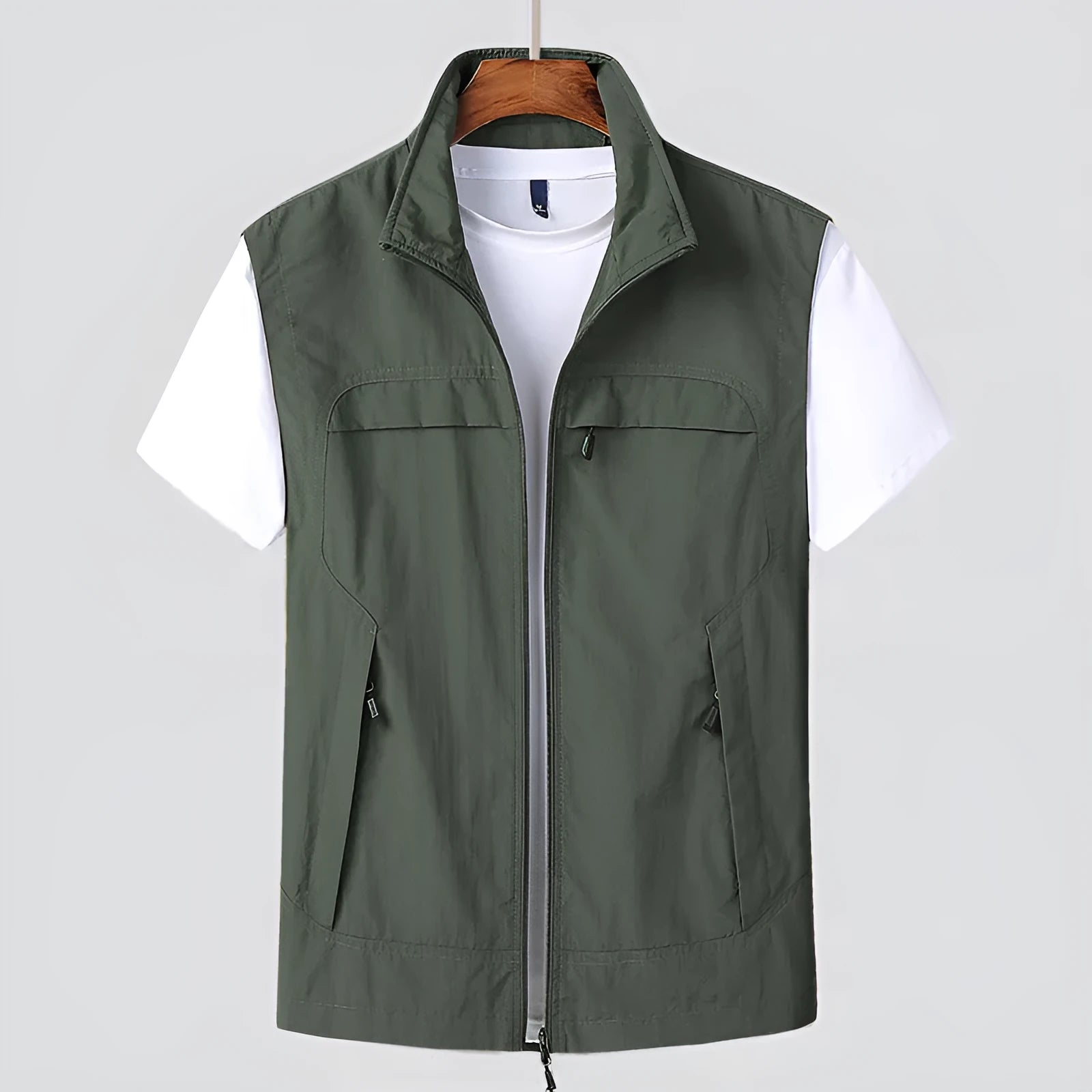 Men's striped waterproof hooded vest with multiple patch pockets in khaki colour