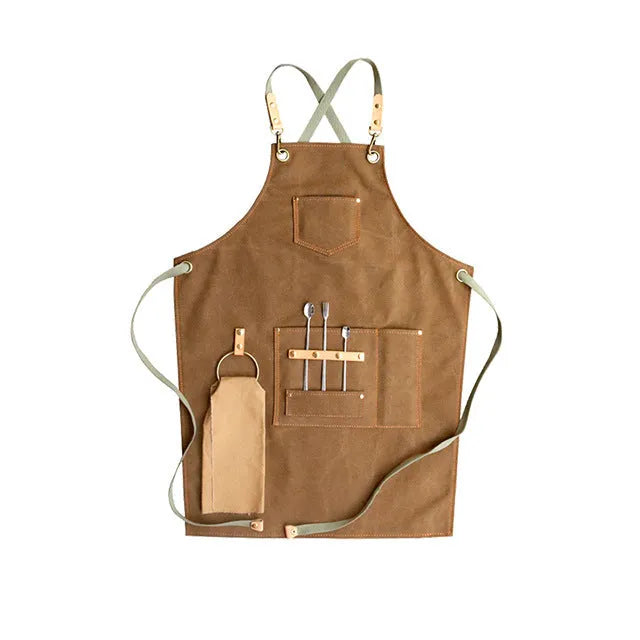 Canvas apron with cross straps in camel colour for baking and gardening work