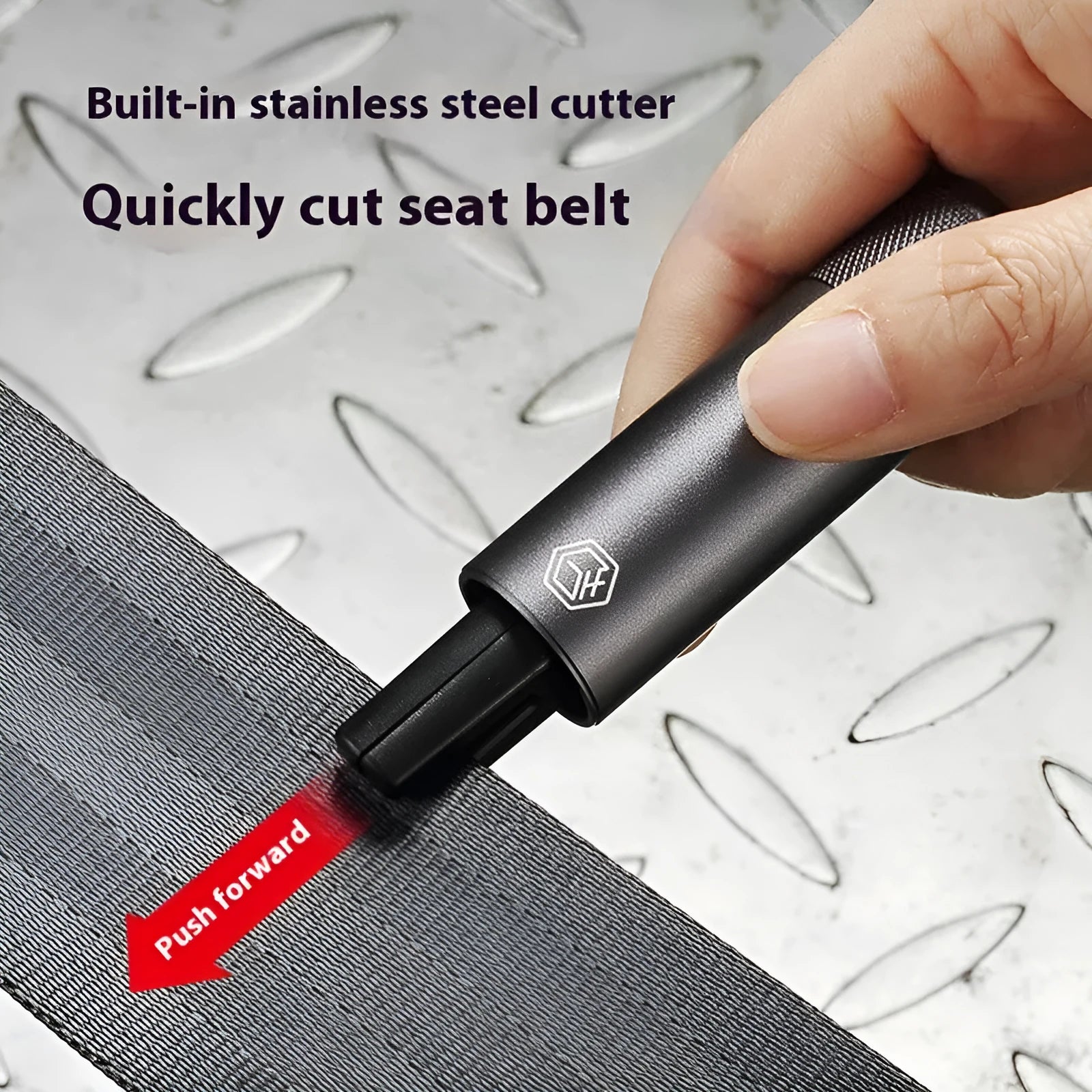 Gun grey aluminium alloy car safety hammer with seatbelt cutter on 3M rubber base
