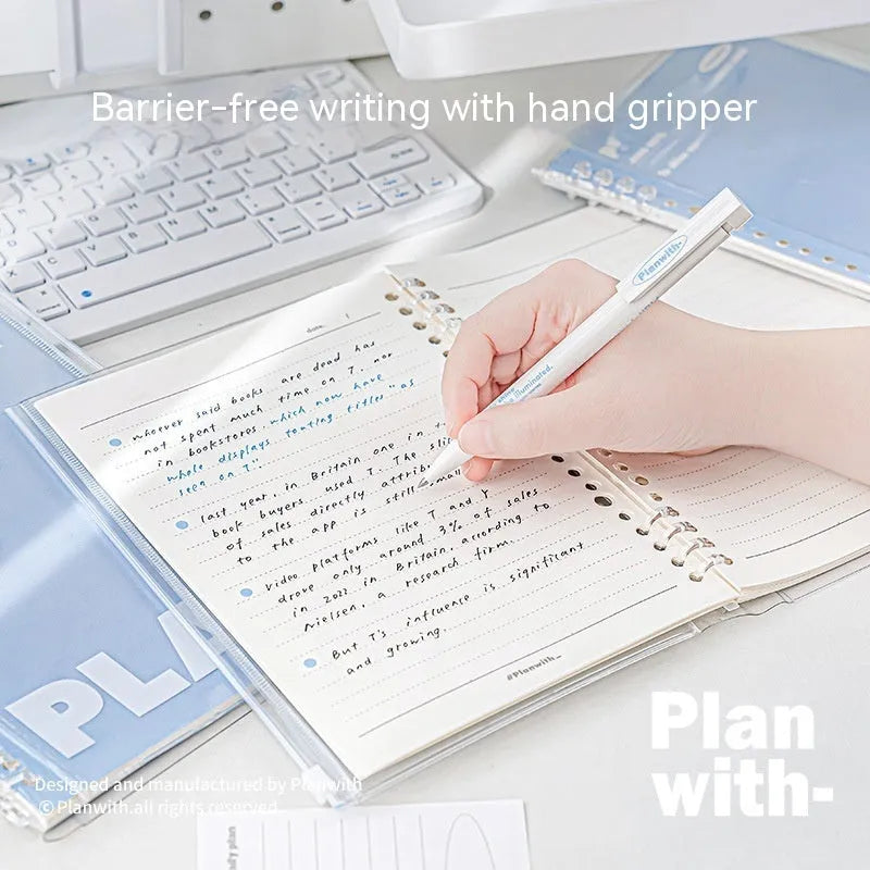 A5 blue PVC spiral-bound notebook with a transparent front pocket for loose-leaf paper.