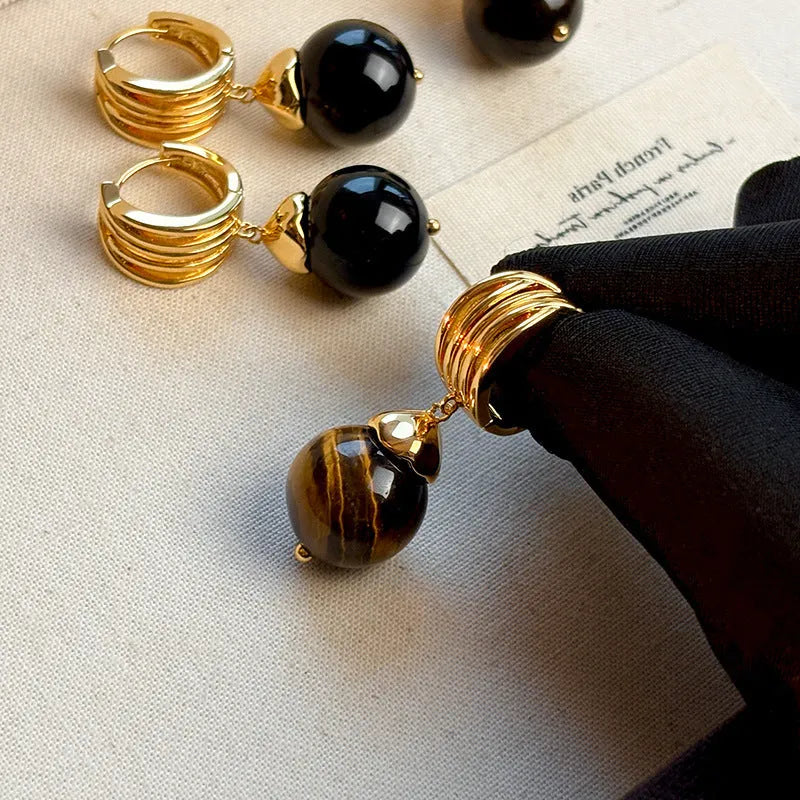 Gold-plated geometric earrings with tigereye stone beads in French retro style