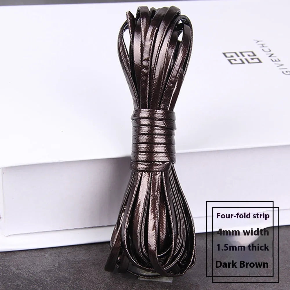 Coiled PU leather woven craft string in multiple colours including beige, black, red, blue, green, gold, and silver.