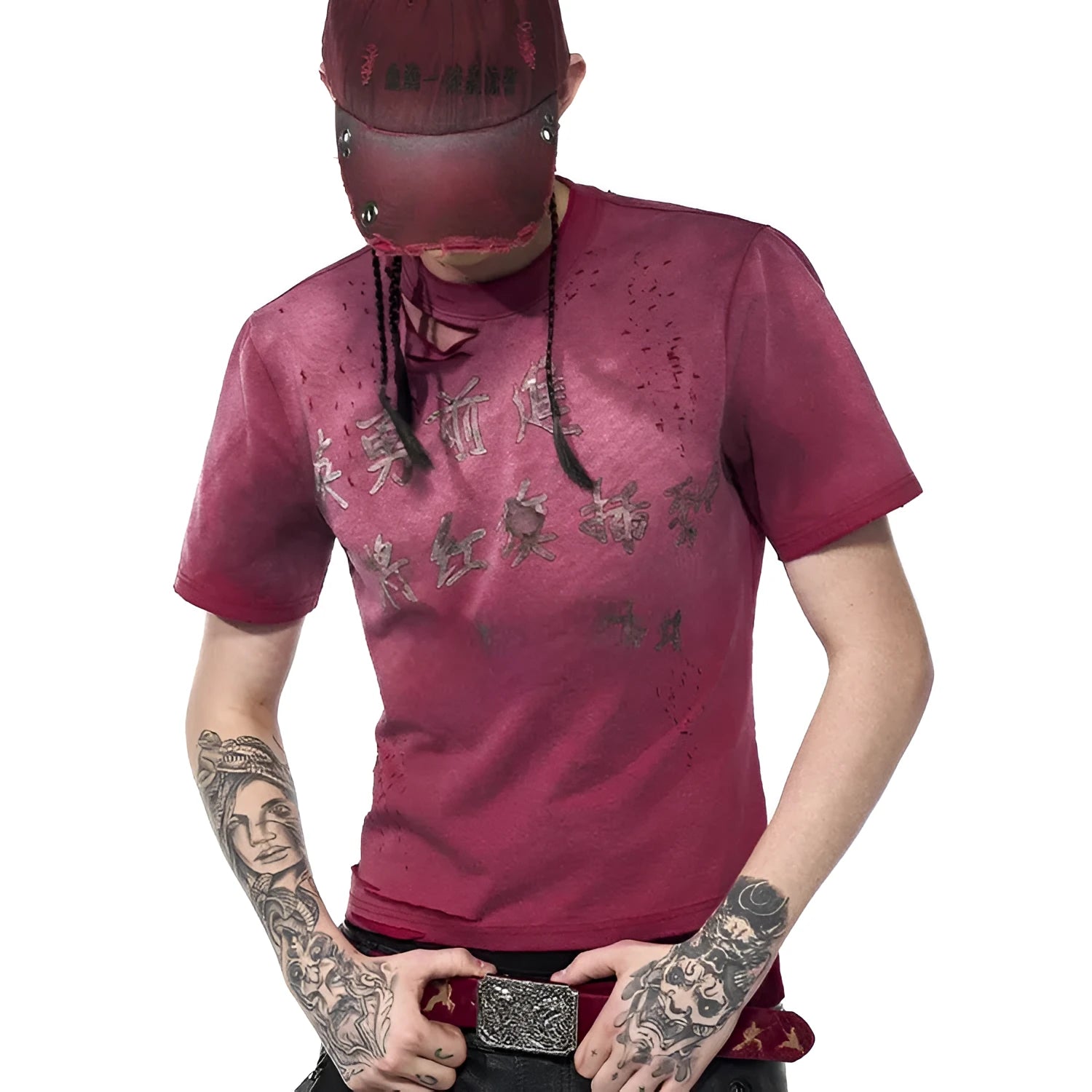 Red men's slim-fit t-shirt with distressed detailing and short sleeves