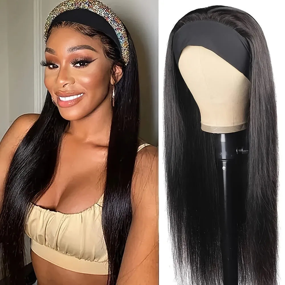 Long straight and curly synthetic headband wigs displayed in black and wine red colours