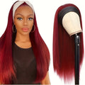 Long straight and curly synthetic headband wigs displayed in black and wine red colours