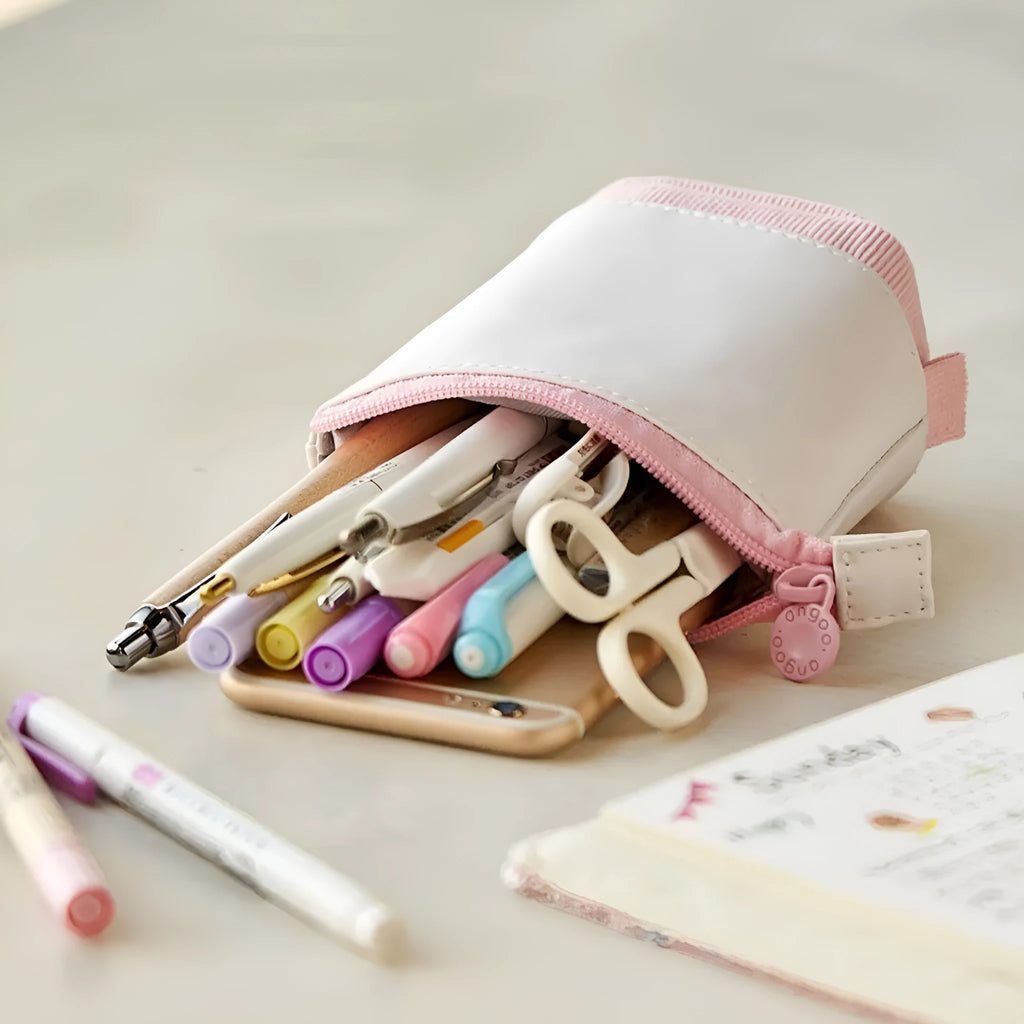 Korean style telescopic stationery case in purple PU corduroy made from cotton and linen.