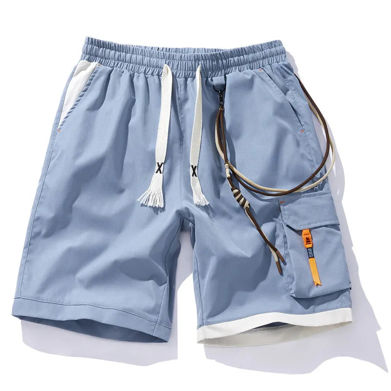 Men's plus size bamboo fibre sports shorts in a loose, cropped straight-leg style on a hanger.
