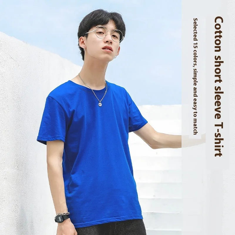 Men's solid colour cotton T-shirt with round neck and short sleeves in multiple colour options