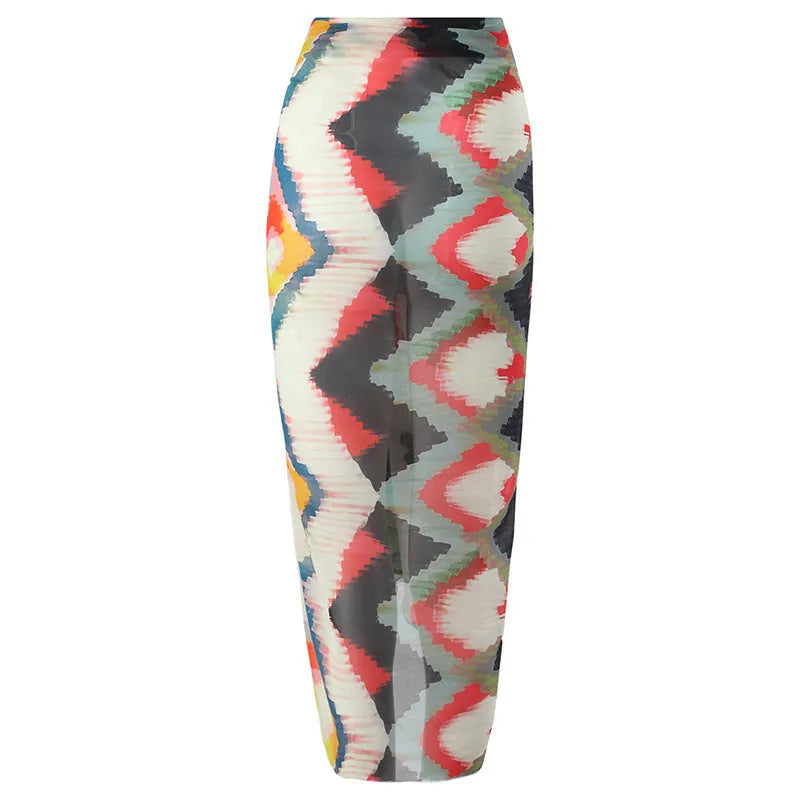 Women's two-piece swimsuit set with matching hip skirt in striped and gradient patterns