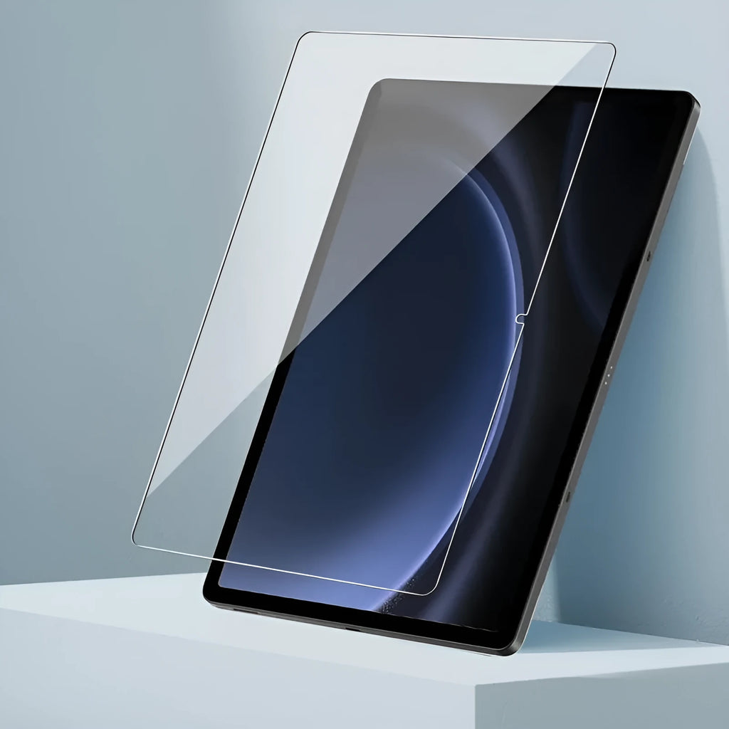 Two tempered glass screen protectors for Samsung Galaxy tablets in a leather bag.