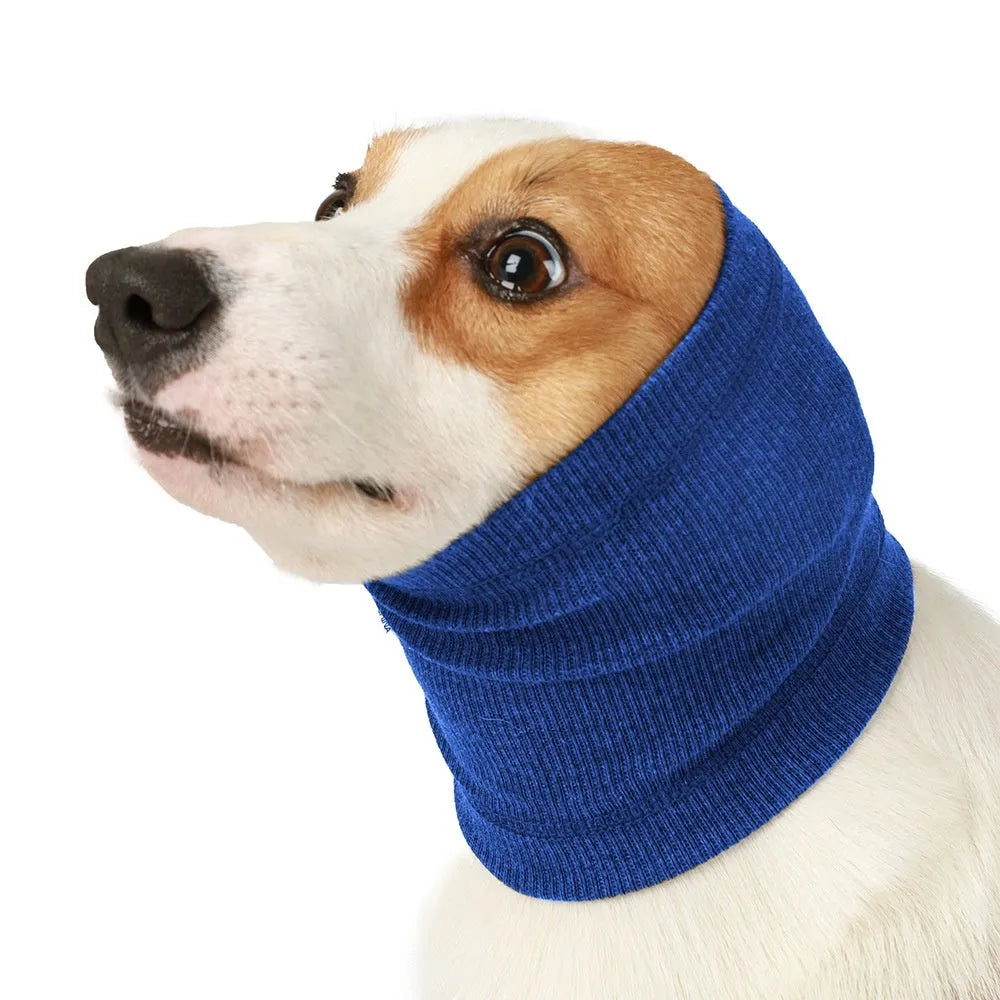 Blue and grey polyester dog headband scarf shown in small, medium, and large sizes