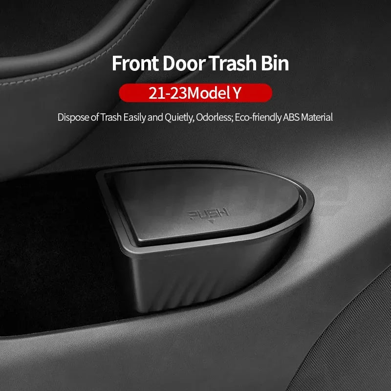 Two black ABS plastic trash cans for Tesla Model Y front door pockets.