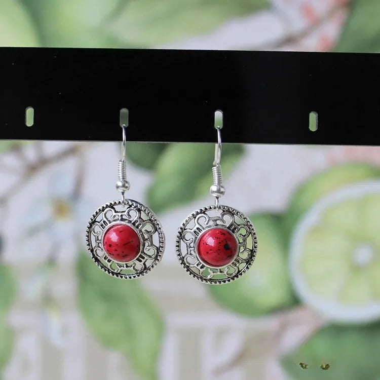 Miao silver retro turquoise flower disk earrings with geometric ethnic patterns