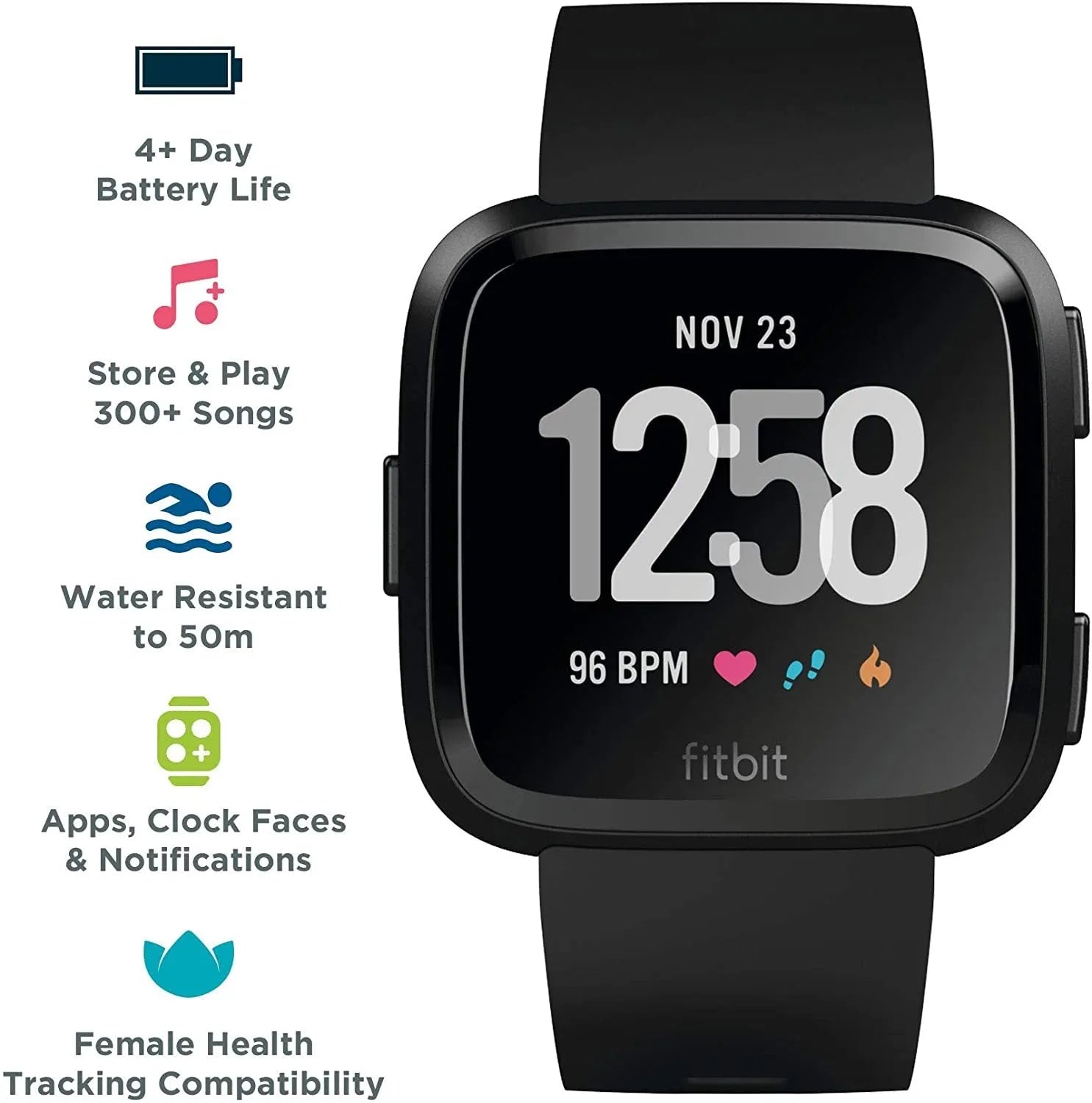 Black smart watch with heart rate monitoring on silicone wrist strap showing 1.4 inch screen