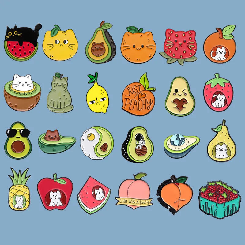 Colourful cartoon fruit and letter shaped zinc alloy decorative brooch.