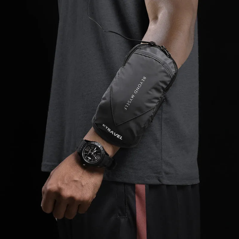 Reflective black running arm band with adjustable strap, shown holding a smartphone.