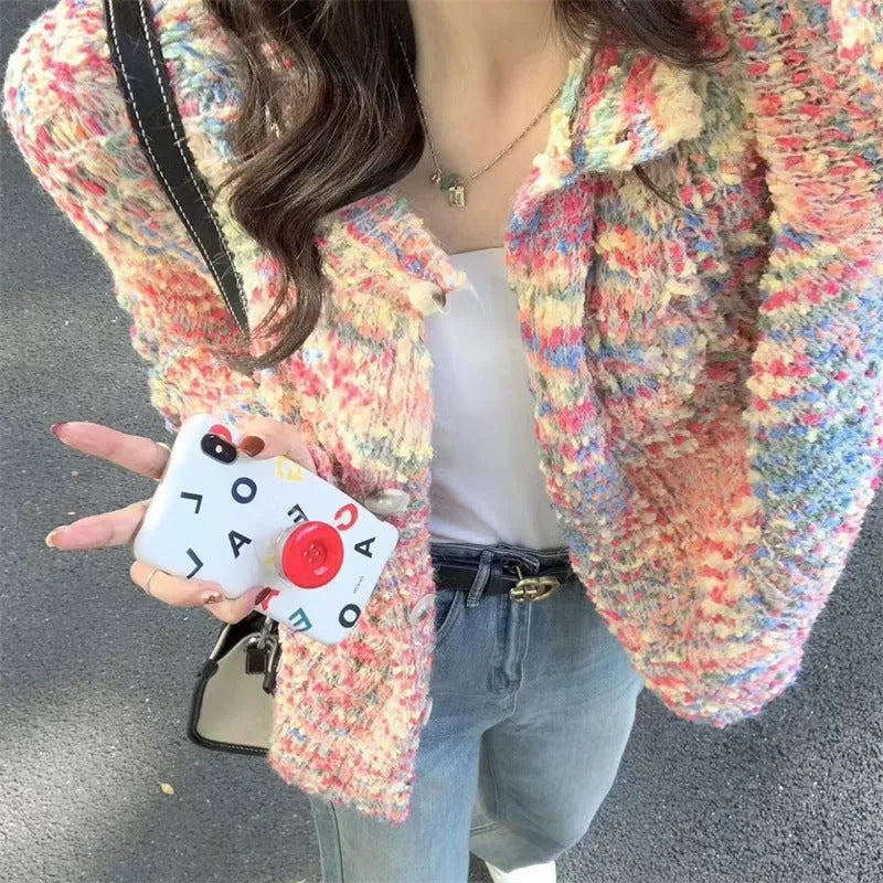Rainbow pattern acrylic knitted cardigan in pink or green ice cream colours with slim fit