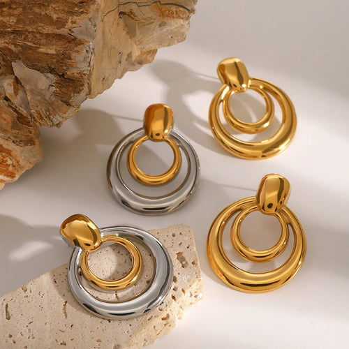 18K gold electroplated titanium steel round double layer hollow stud earrings for women