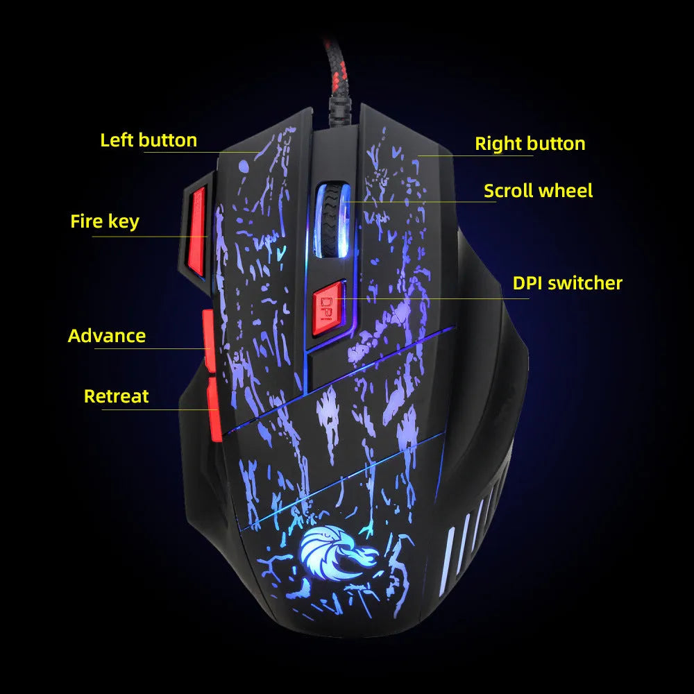 Water Crack colourful luminous gaming mouse with LED lighting effects and USB cable