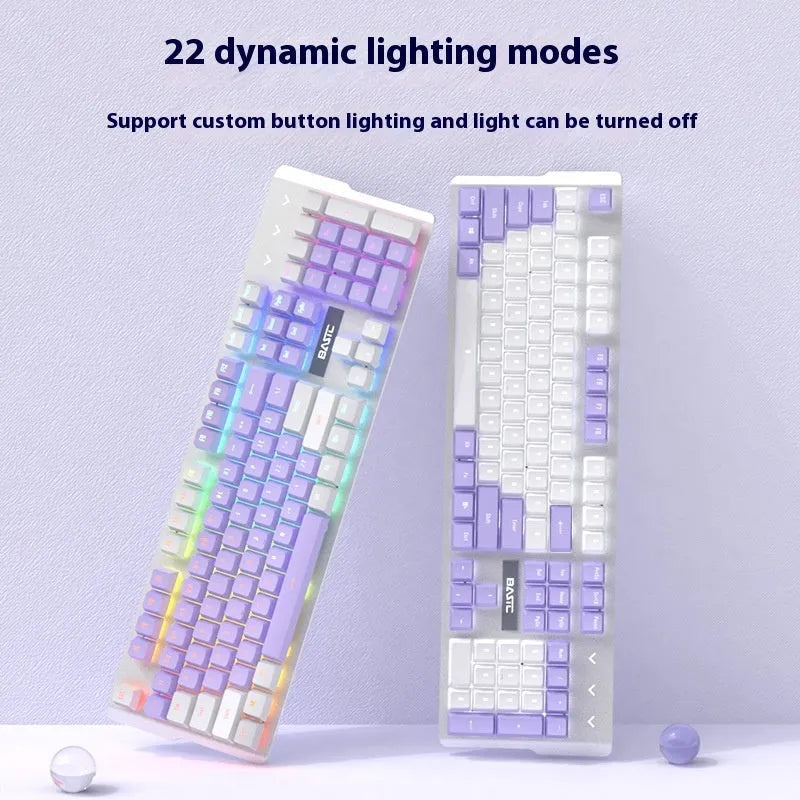 Purple and white mechanical keyboard and mouse wired set with backlight illumination