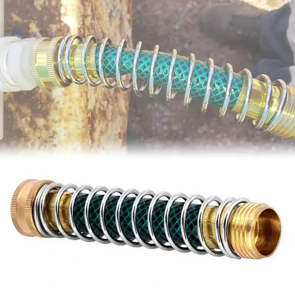 Brass garden hose connector with spiral spring anti-kink design, showing 3/4 inch threaded ends.