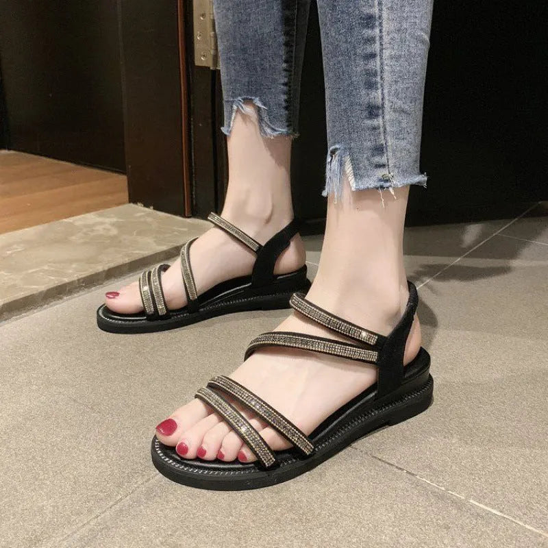 Korean style women's flat sandals with rhinestone decoration in silver or gold colours