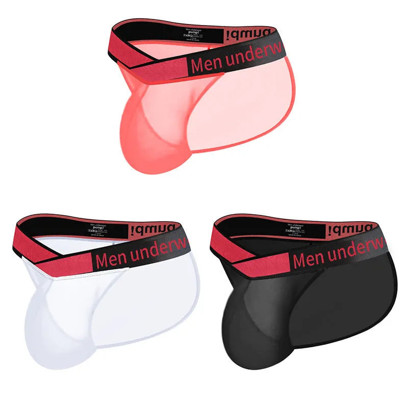 Men's transparent ice silk briefs in red, black, or white with a large V gradient front.