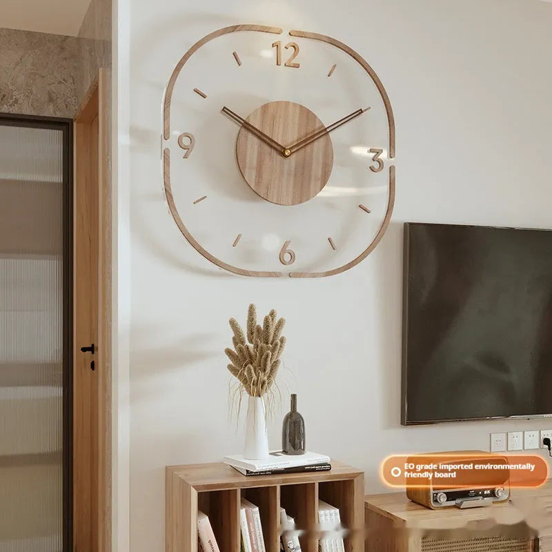 Transparent wooden wall clock with square 35cm dial in modern framed and frameless designs