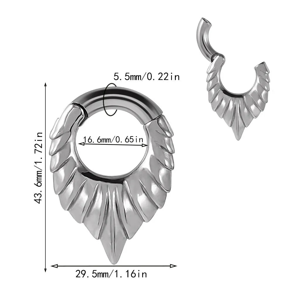 Drop-shaped stainless steel ear extender with totem pattern and hanging egg detail.