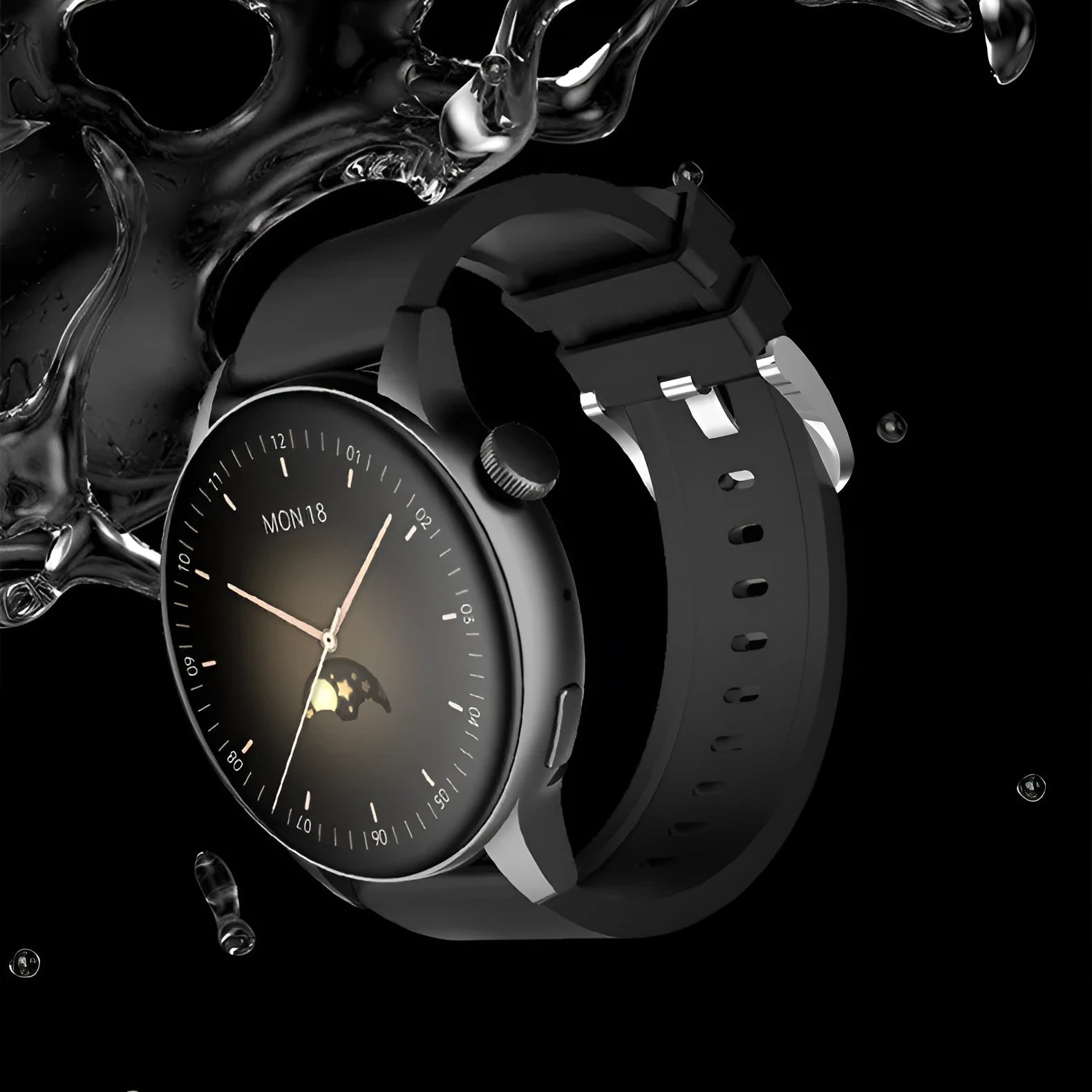 Black smart watch with 1.30-inch colour screen on a wrist, showing a watch face.