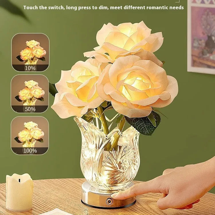 Modern crystal flowers design rechargeable touch table lamp with USB cable on a wooden surface.
