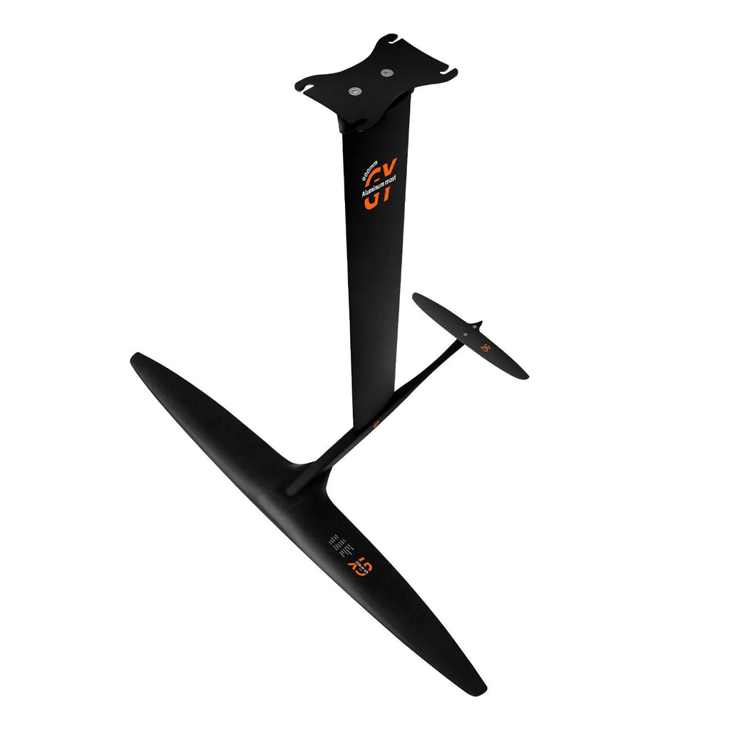 Black carbon fibre and aluminium alloy racing surf hydrofoil with wide front wing.