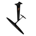 Black carbon fibre and aluminium alloy racing surf hydrofoil with wide front wing.