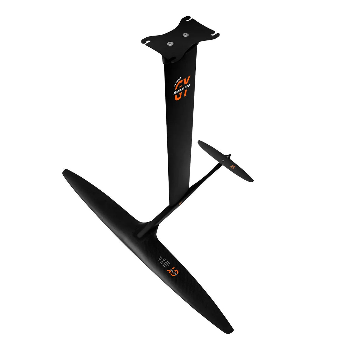 Black carbon fibre and aluminium alloy racing surf hydrofoil with wide front wing.