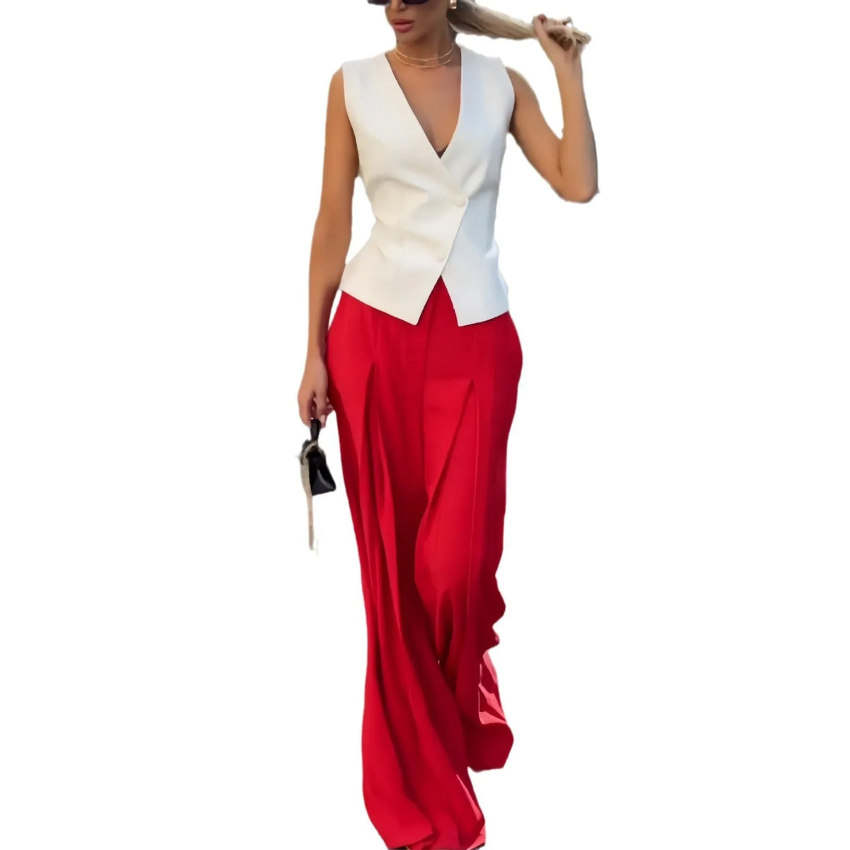 Women's beige two-piece set with deep V-neck sleeveless top and high-waist wide-leg trousers.