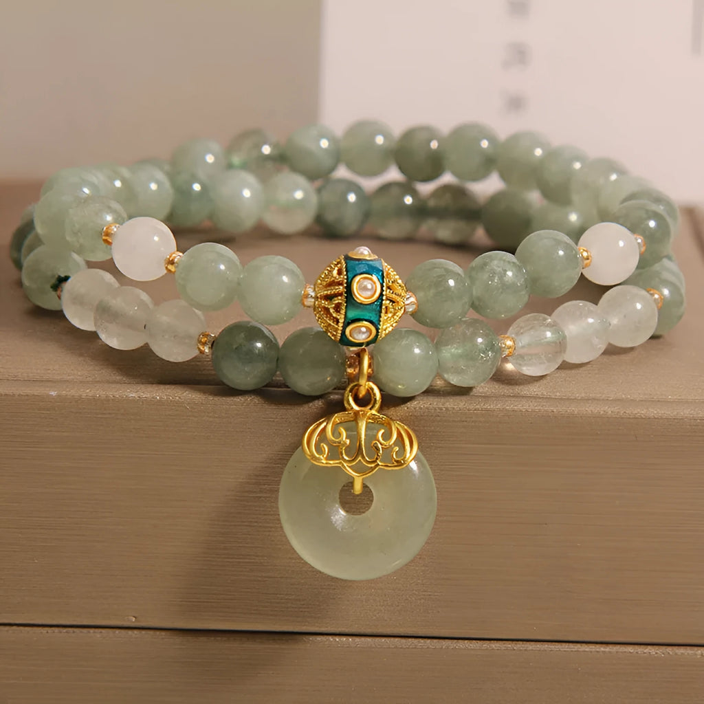 Women's oil green double-layer jade bracelet with safety buckle and crystal rhinestone details