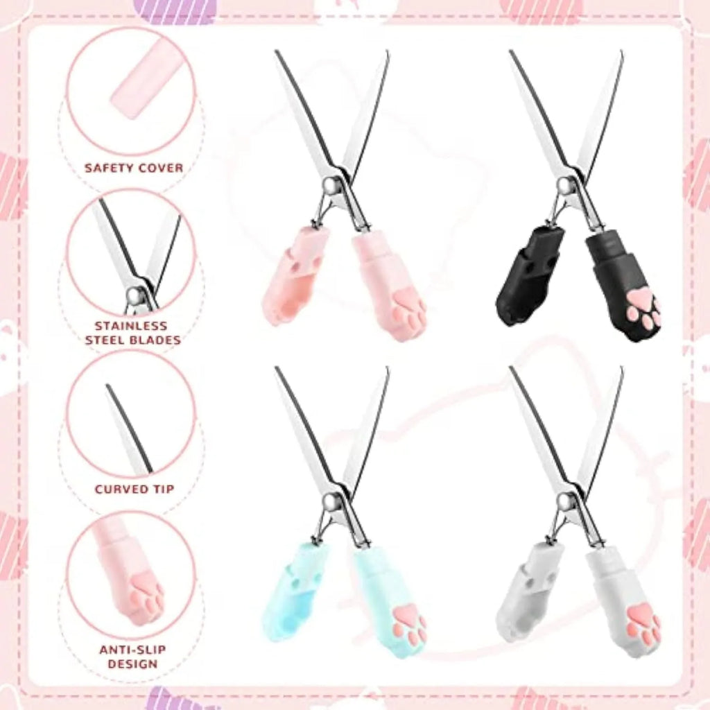 Closed folding mini scissors with cat paw design on handles in blue, pink, black, and white colour options.