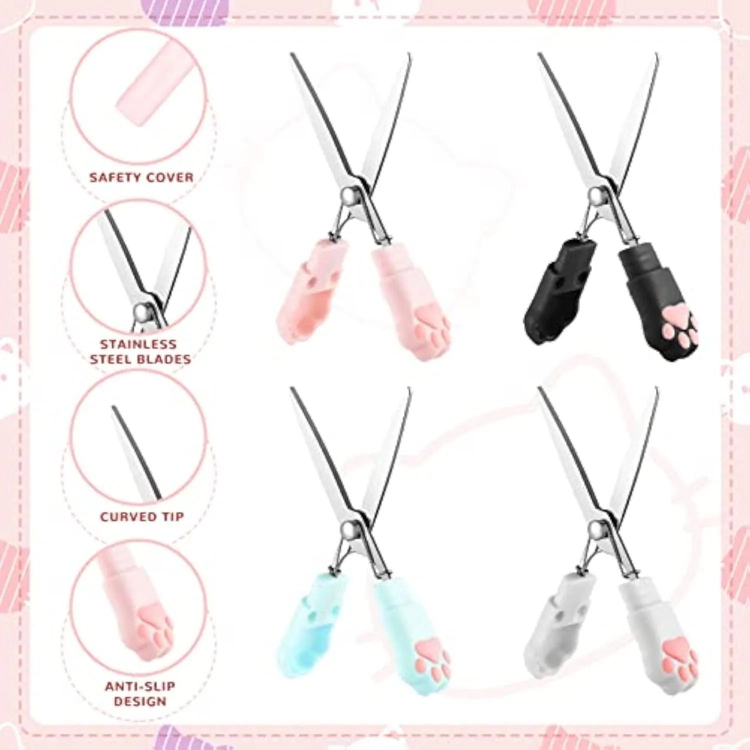 Closed folding mini scissors with cat paw design on handles in blue, pink, black, and white colour options.