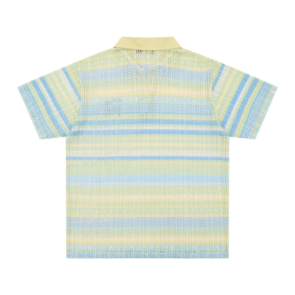 Blue and yellow versions of a men's loose-fit short-sleeved printed casual shirt.