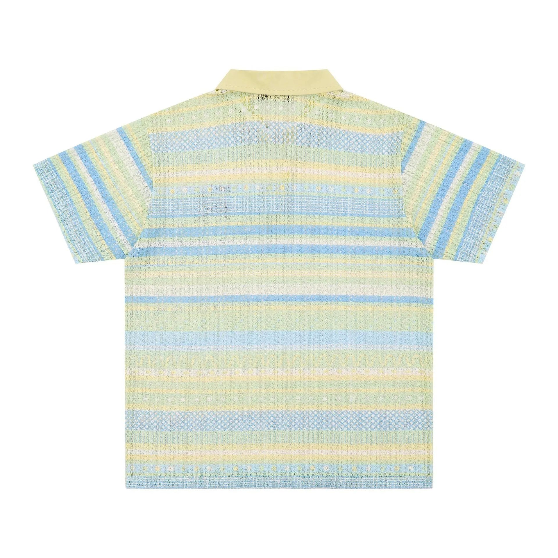 Blue and yellow versions of a men's loose-fit short-sleeved printed casual shirt.