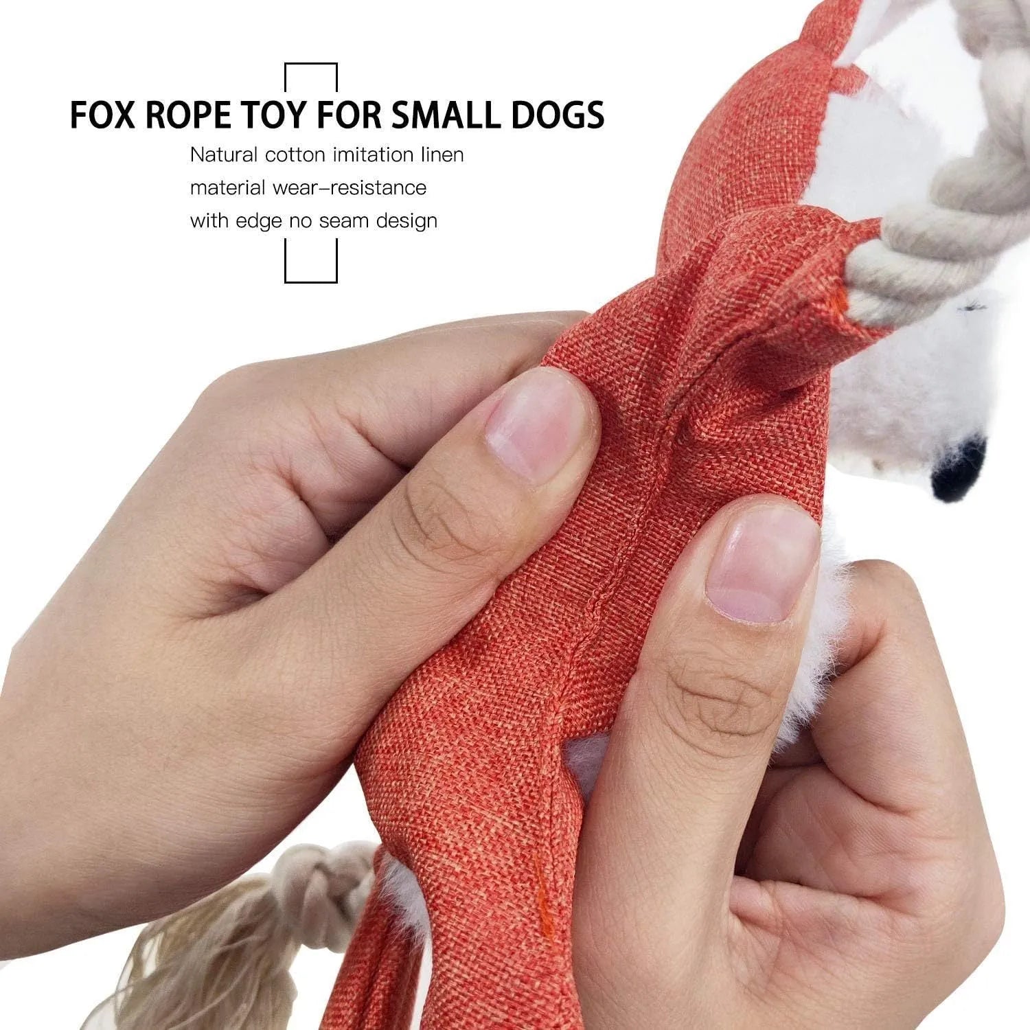 Brown fox plush dog toy with squeaker in head, crinkle paper body, and rope limbs for chewing