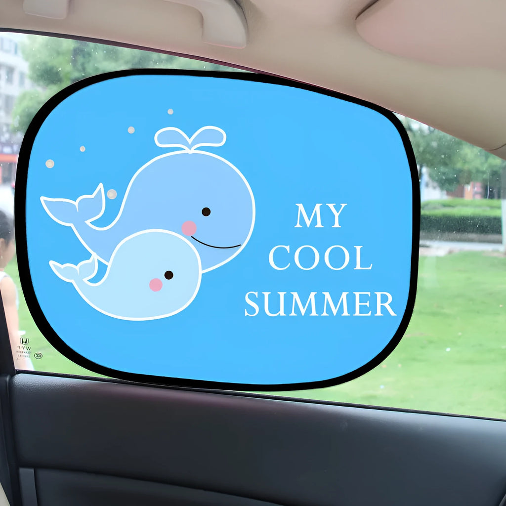 Pair of electrostatic cling animal-themed car sunshades made from nylon mesh for side windows.