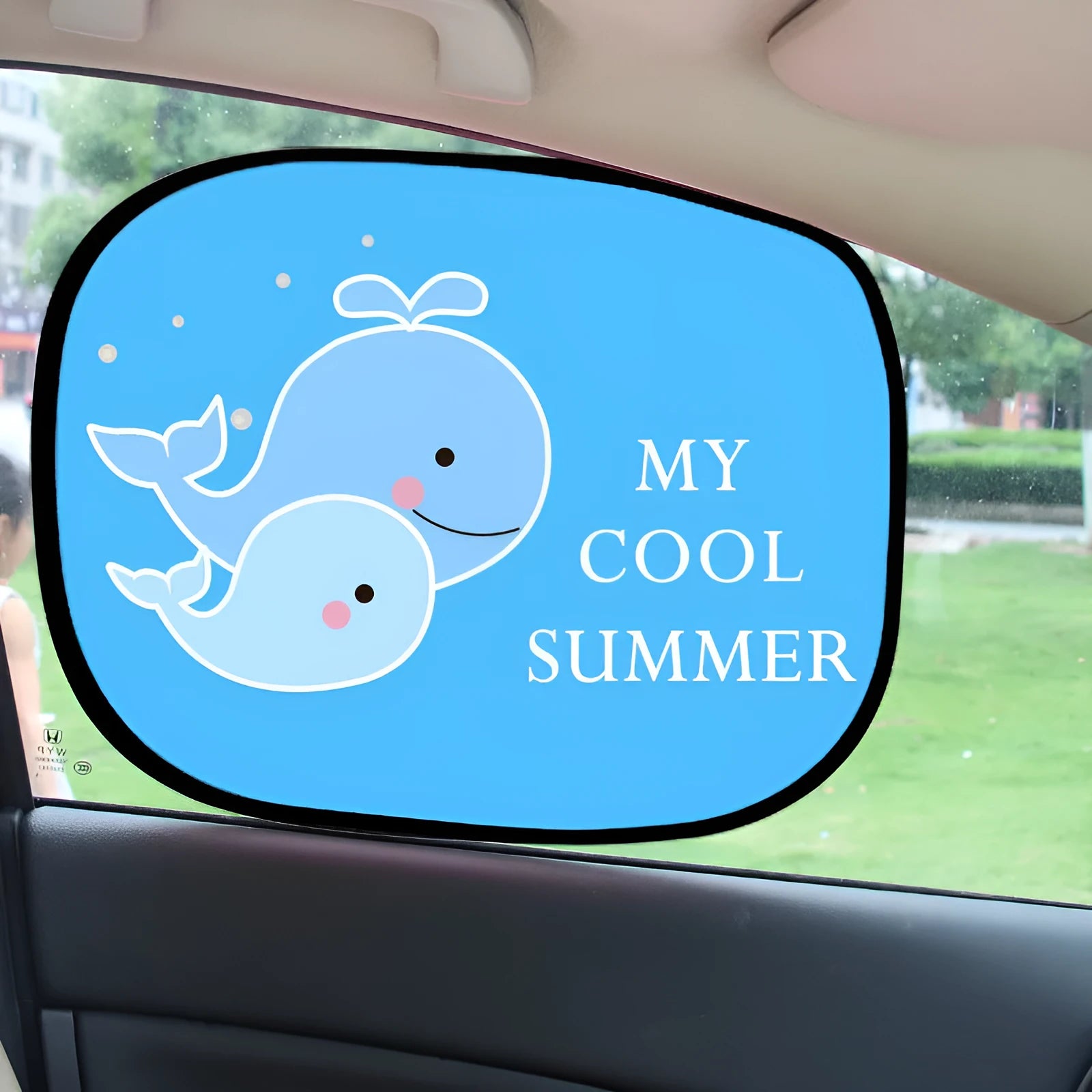 Pair of electrostatic cling animal-themed car sunshades made from nylon mesh for side windows.