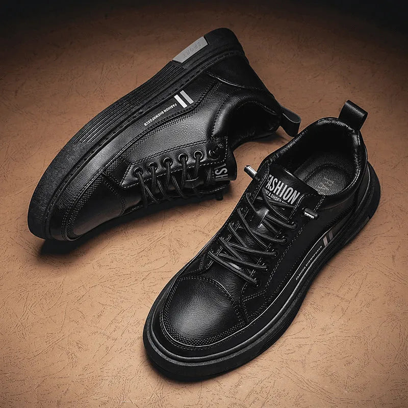 Men's white and black skateboard shoes with elastic band closure and rubber sole